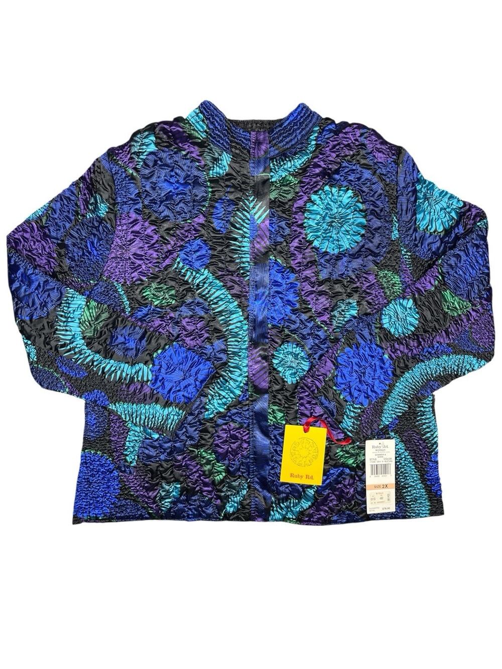 Ruby Rd Woman 2X Shimmer & Shine Textured Top Black Turquoise NWT Style 11235